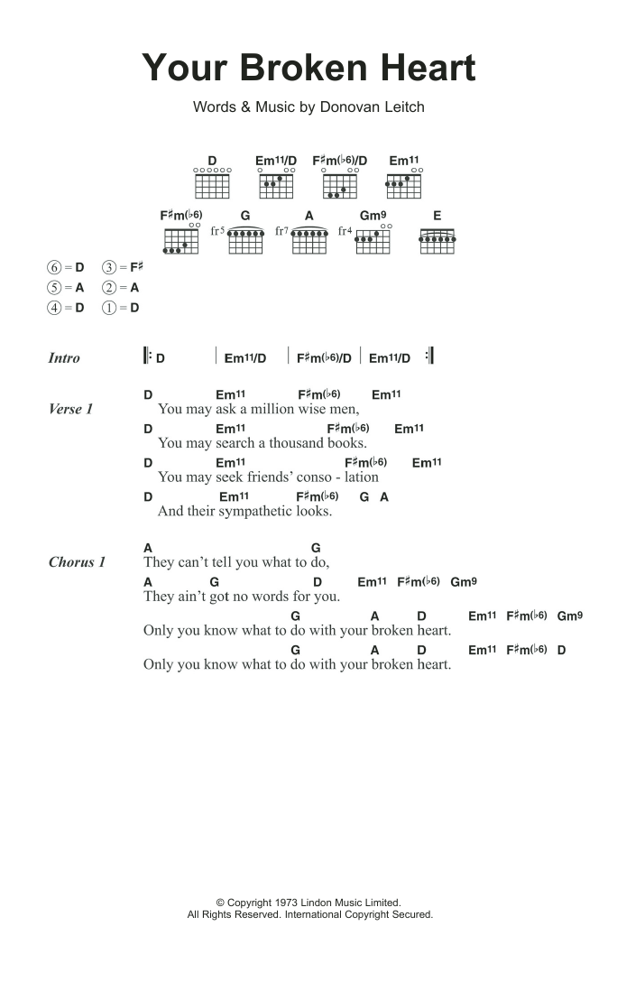 Donovan Your Broken Heart sheet music notes and chords arranged for Guitar Chords/Lyrics
