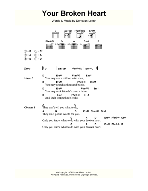 Donovan Your Broken Heart sheet music notes and chords arranged for Guitar Chords/Lyrics
