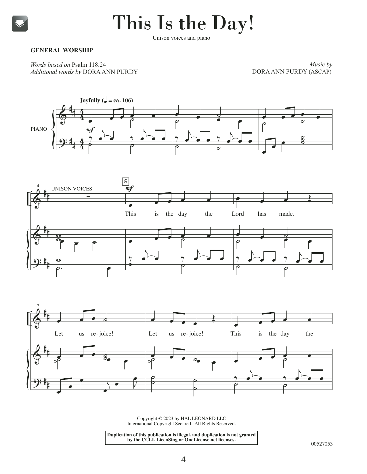 Dora Ann Purdy This Is The Day sheet music notes and chords arranged for Unison Choir