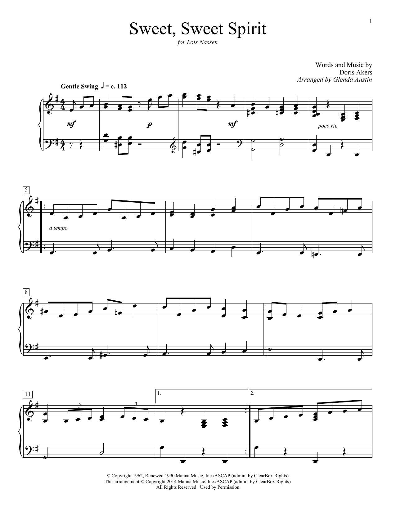 Doris Akers Sweet, Sweet Spirit (arr. Glenda Austin) sheet music notes and chords arranged for Educational Piano