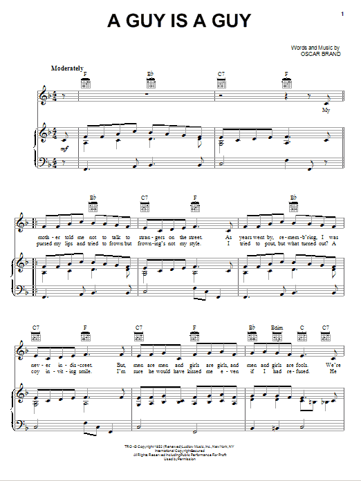Doris Day A Guy Is A Guy sheet music notes and chords arranged for Piano, Vocal & Guitar Chords (Right-Hand Melody)