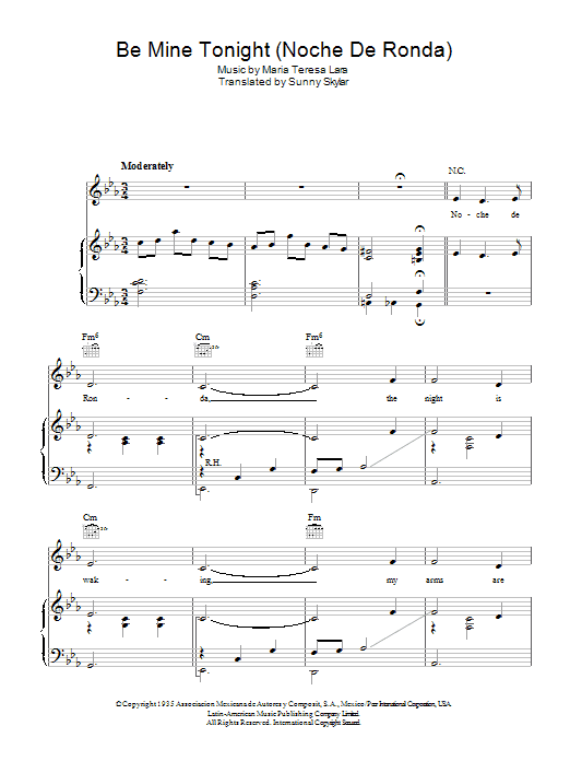 Doris Day Be Mine Tonight (Noche De Ronda) sheet music notes and chords arranged for Piano, Vocal & Guitar Chords