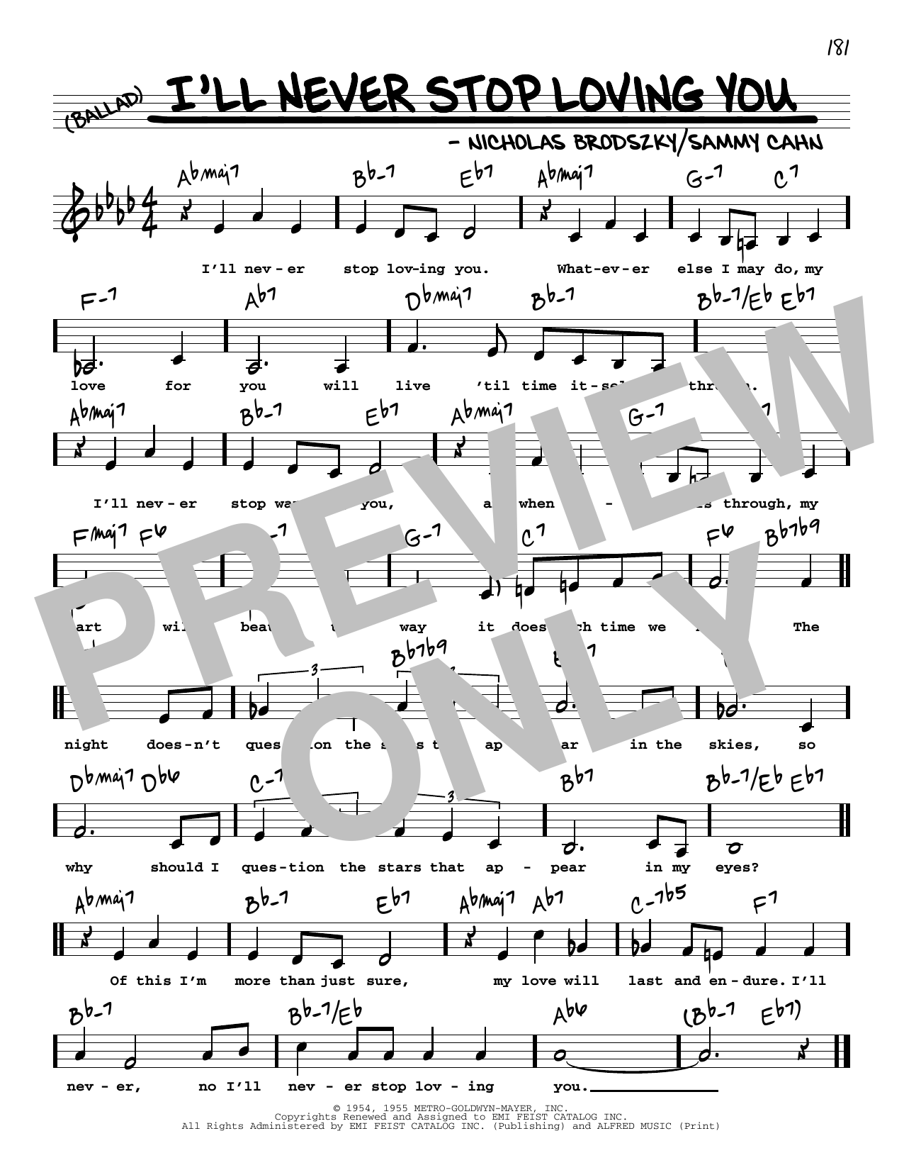Doris Day I'll Never Stop Loving You (Low Voice) sheet music notes and chords arranged for Real Book – Melody, Lyrics & Chords