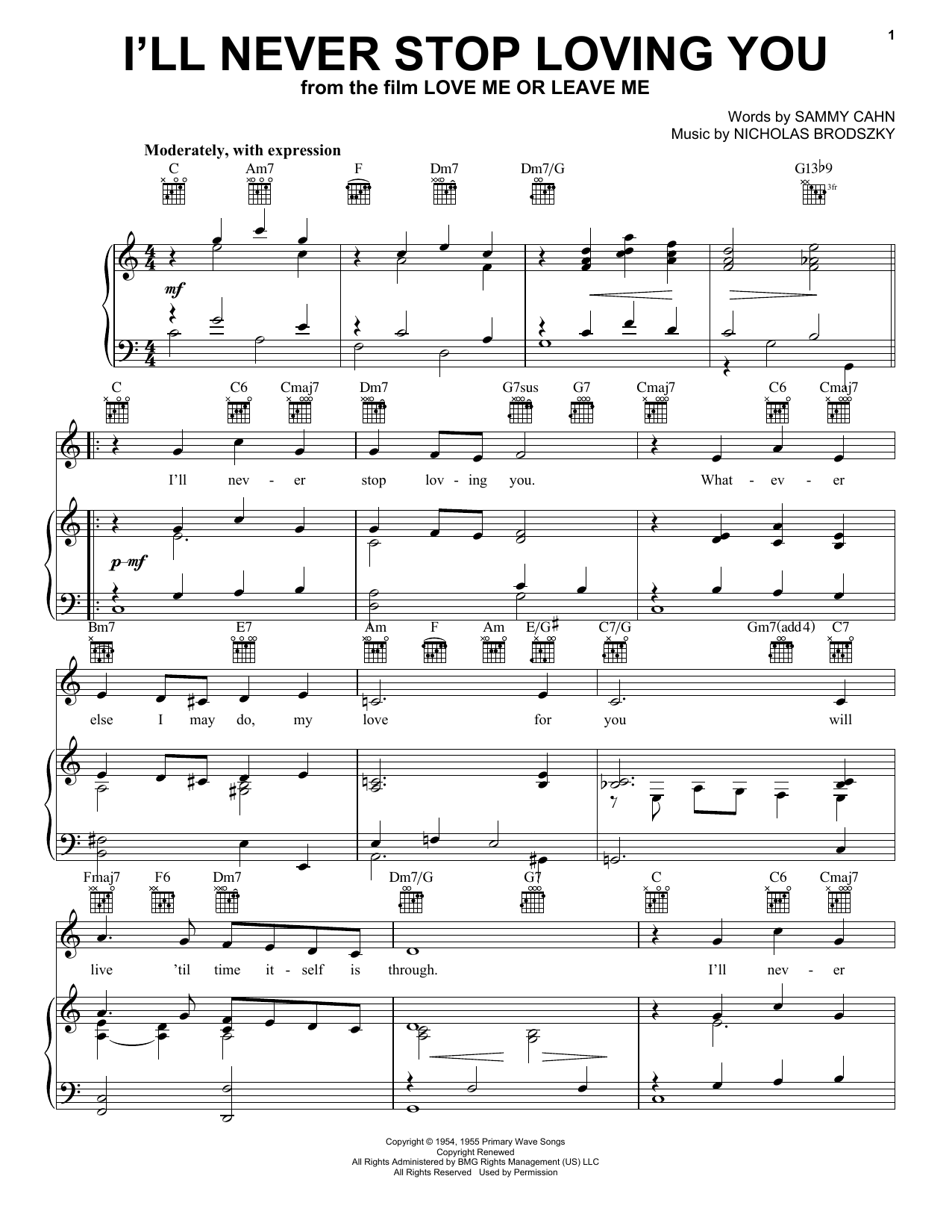 Doris Day I'll Never Stop Loving You sheet music notes and chords arranged for Piano, Vocal & Guitar Chords (Right-Hand Melody)