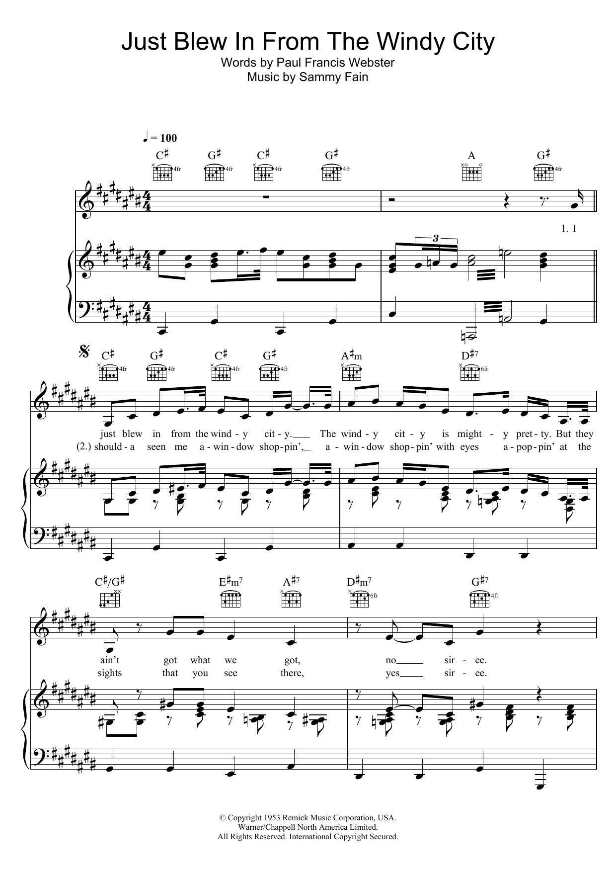Doris Day Just Blew In From The Windy City sheet music notes and chords arranged for Piano, Vocal & Guitar Chords