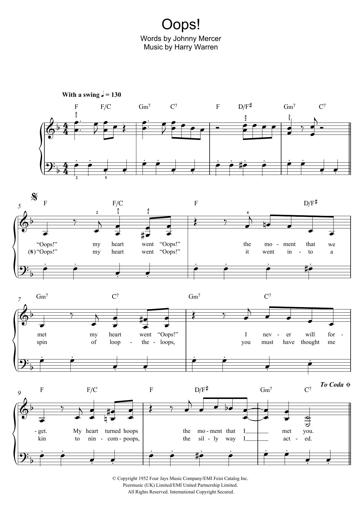 Doris Day Oops! sheet music notes and chords arranged for Easy Piano