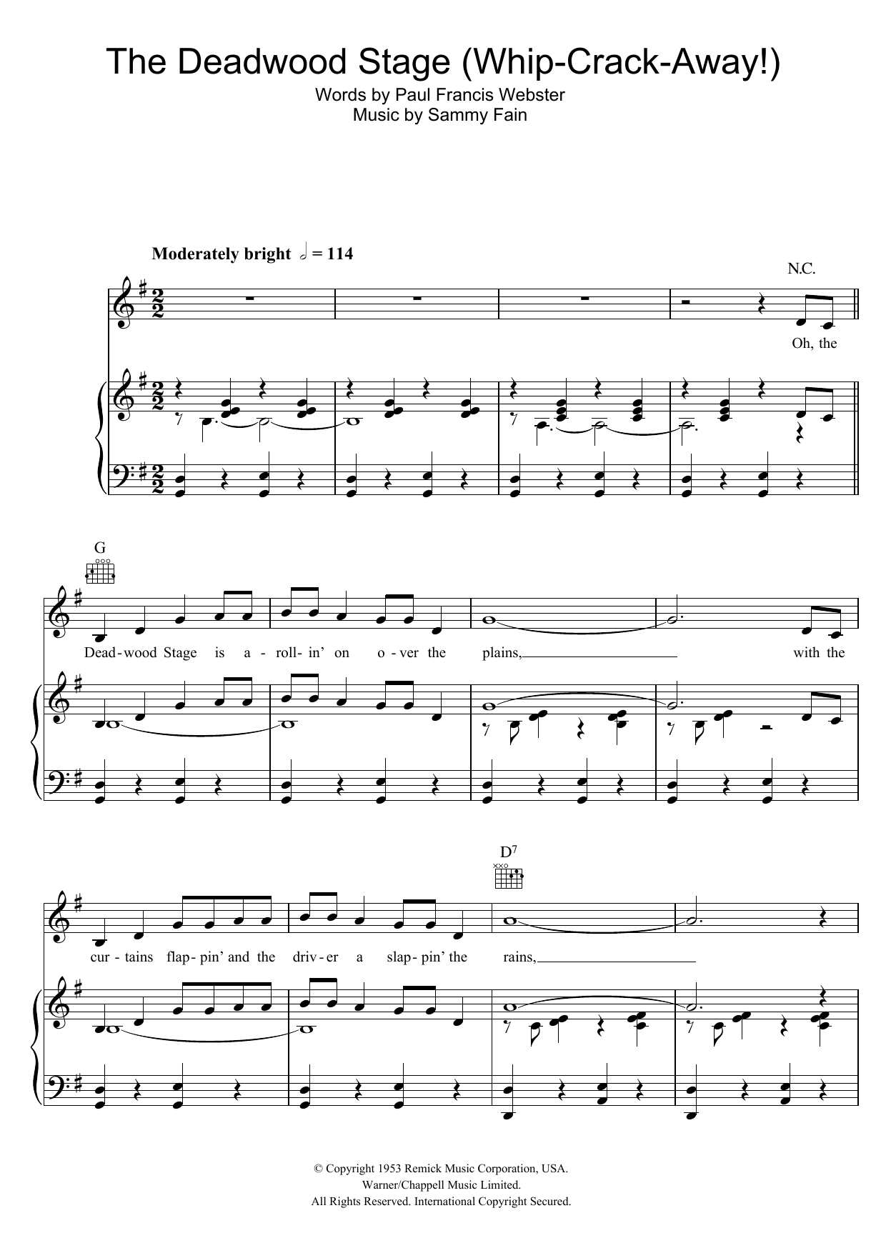 Doris Day The Deadwood Stage (Whip-Crack-Away) sheet music notes and chords arranged for Piano, Vocal & Guitar Chords