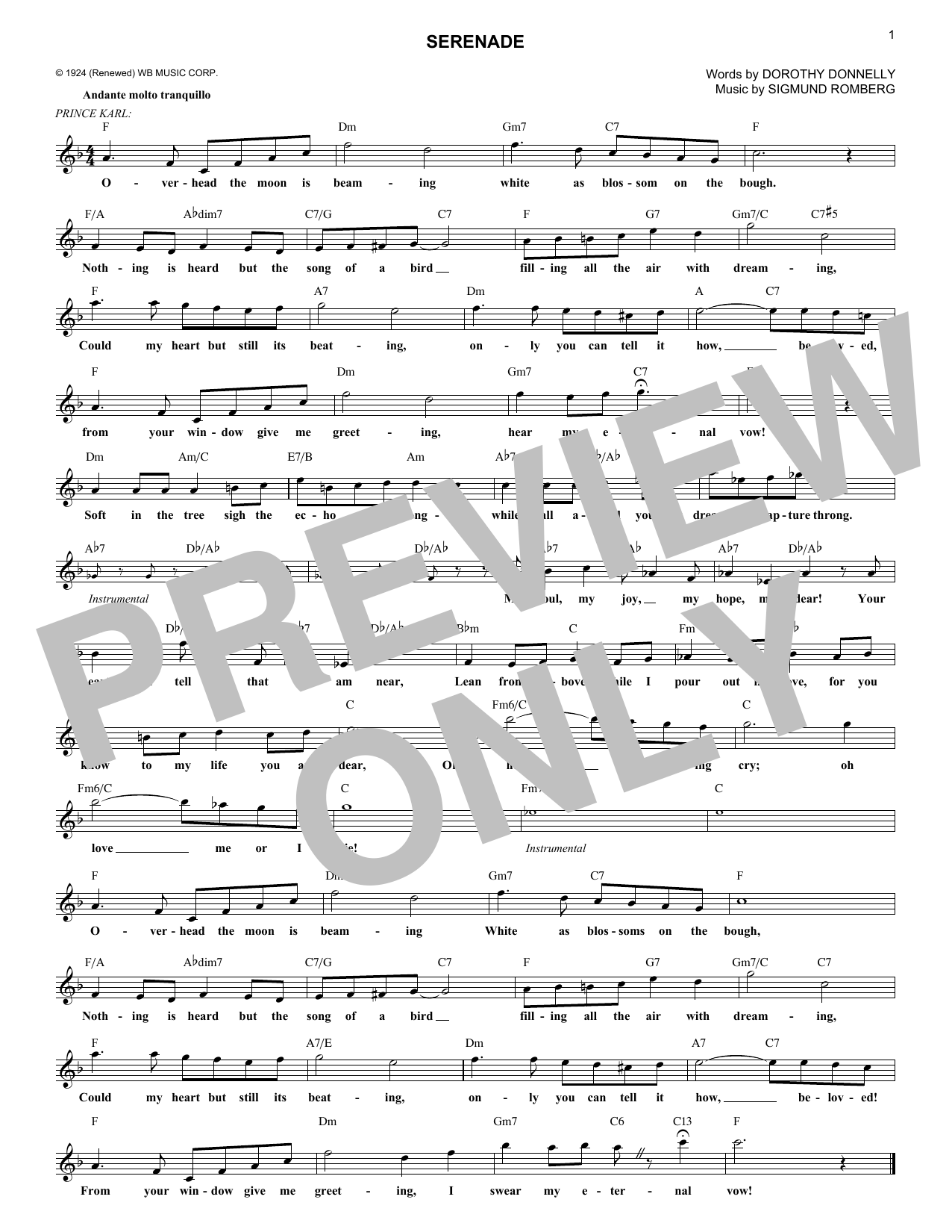 Dorothy Donnelly Serenade (from The Student Prince) sheet music notes and chords arranged for Lead Sheet / Fake Book
