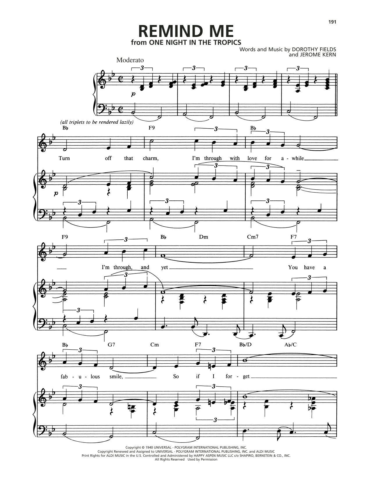 Dorothy Fields and Jerome Kern Remind Me sheet music notes and chords arranged for Piano, Vocal & Guitar Chords (Right-Hand Melody)