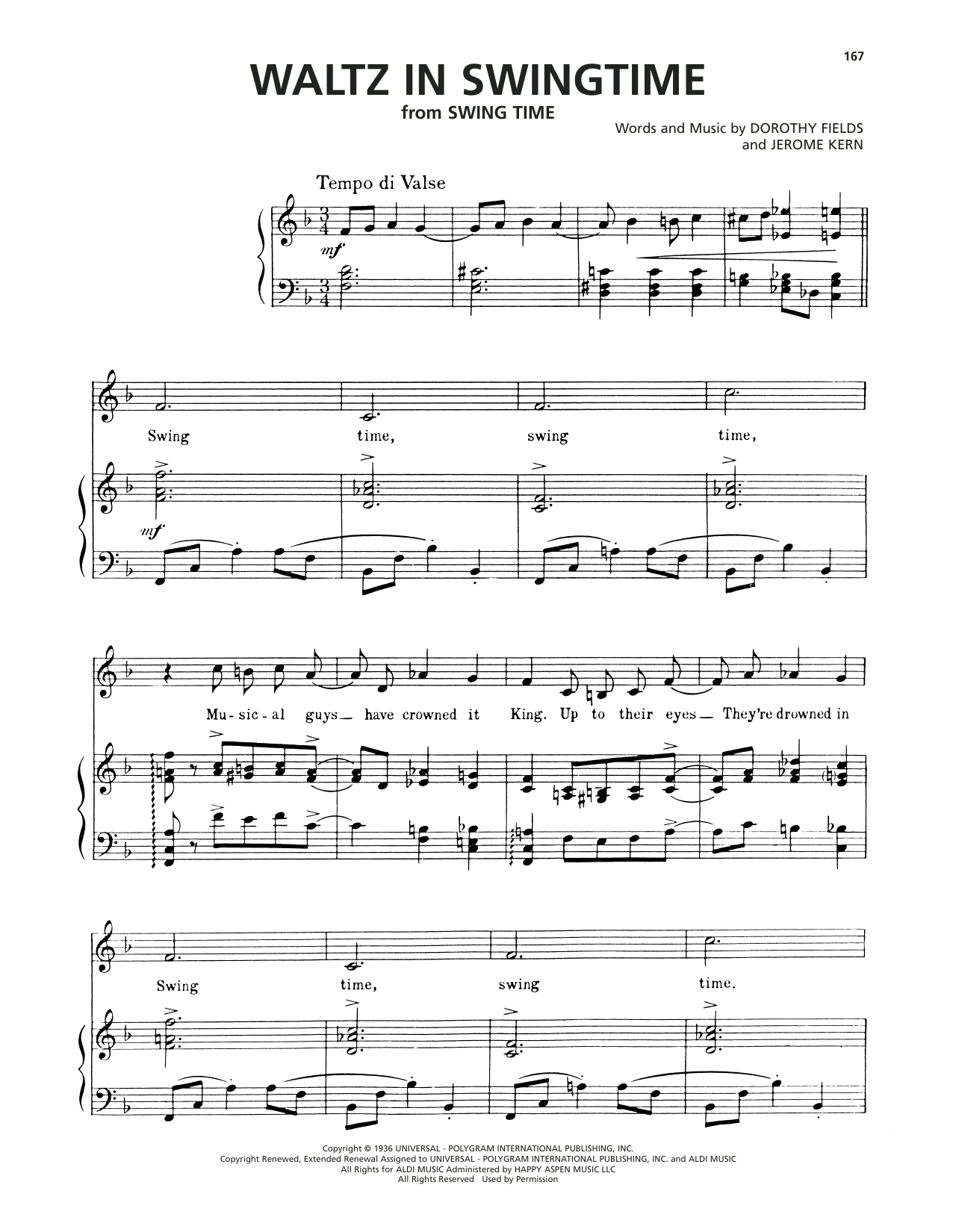 Dorothy Fields and Jerome Kern Waltz In Swingtime sheet music notes and chords arranged for Piano, Vocal & Guitar Chords (Right-Hand Melody)