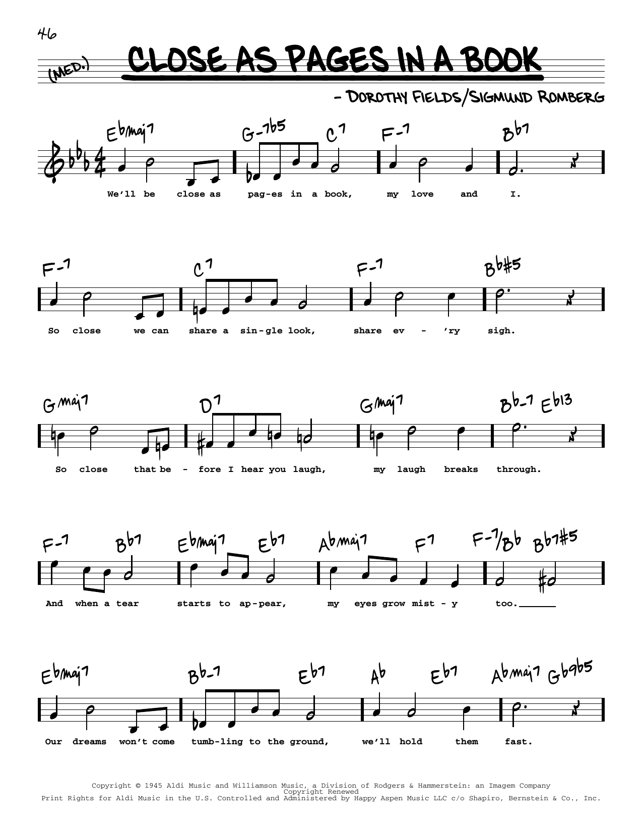 Dorothy Fields Close As Pages In A Book (High Voice) (from Up In Central Park) sheet music notes and chords arranged for Real Book – Melody, Lyrics & Chords