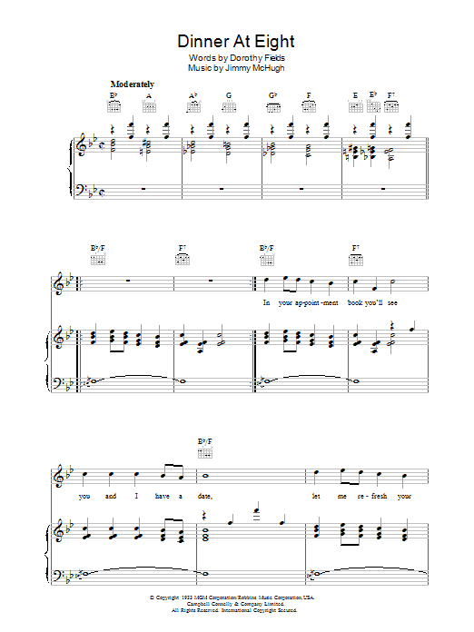 Dorothy Fields Dinner At Eight sheet music notes and chords arranged for Piano, Vocal & Guitar Chords