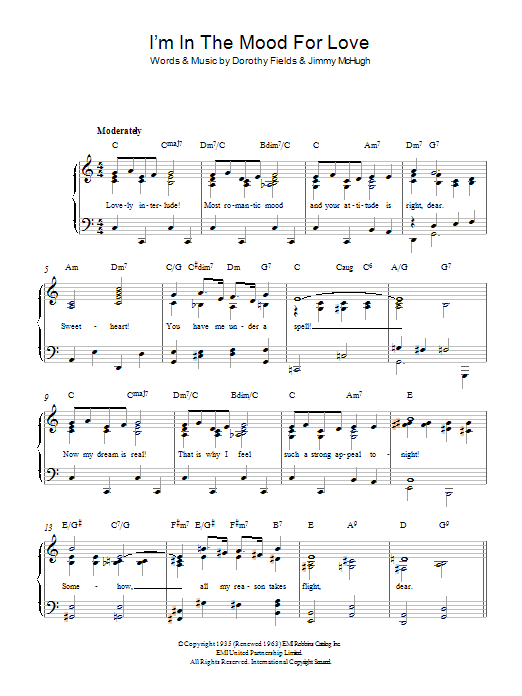 Dorothy Fields I'm In The Mood For Love sheet music notes and chords arranged for Easy Piano