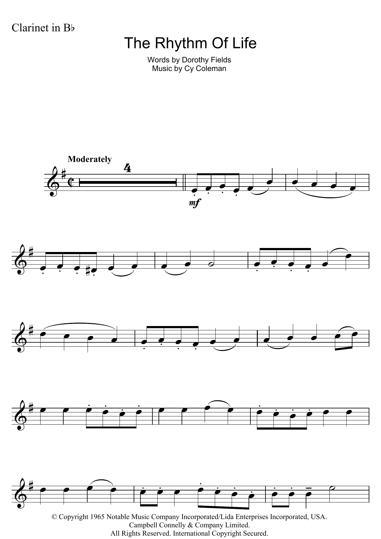 Dorothy Fields The Rhythm Of Life (from Sweet Charity) sheet music notes and chords arranged for Clarinet Solo