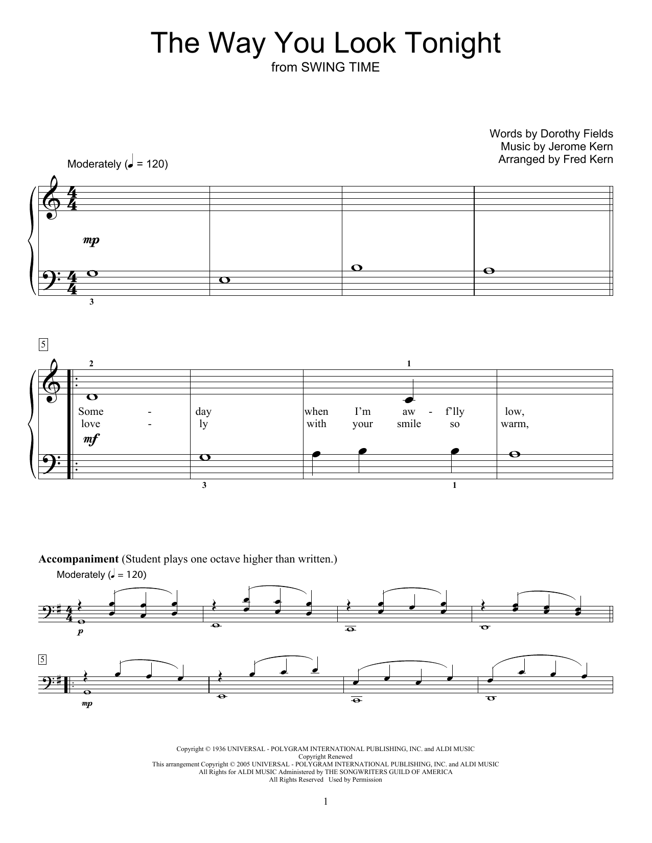 Dorothy Fields The Way You Look Tonight (arr. Fred Kern) sheet music notes and chords arranged for Educational Piano