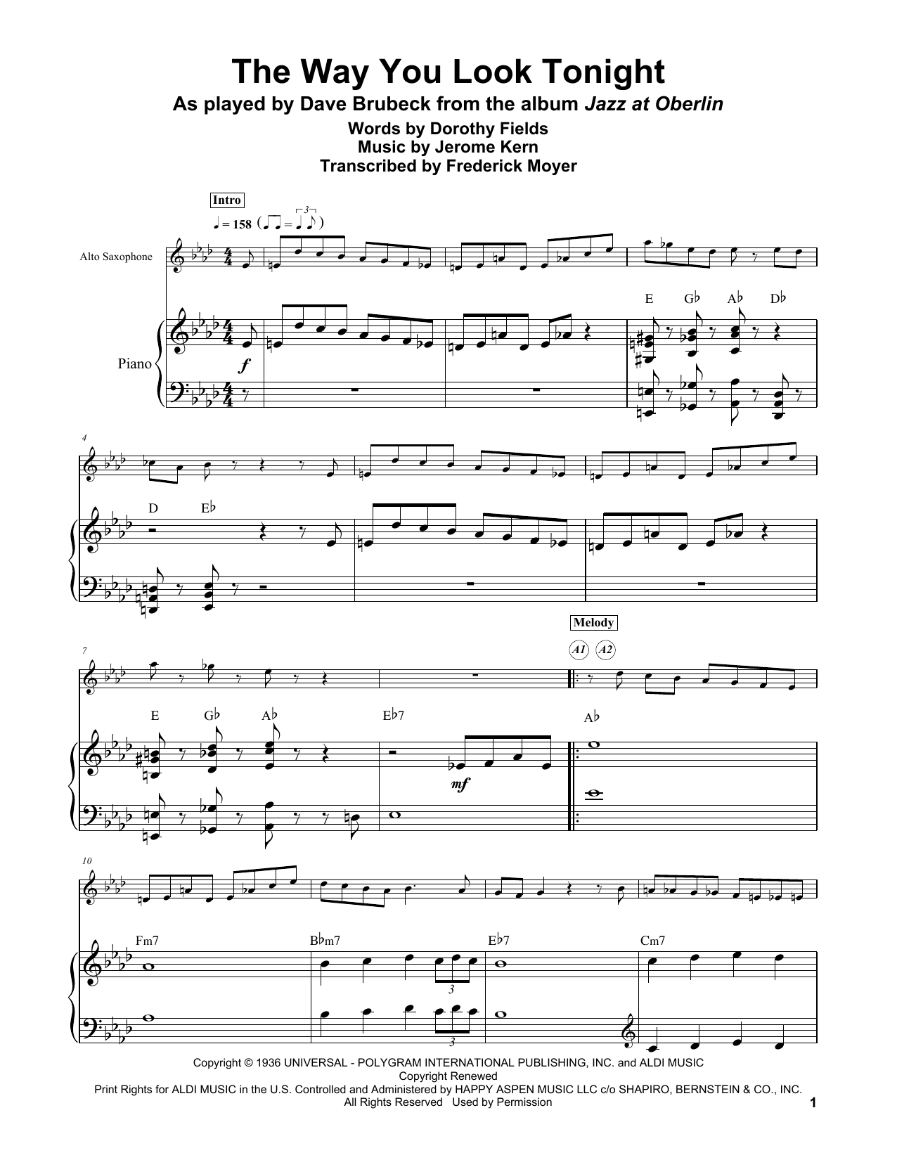 Dorothy Fields The Way You Look Tonight sheet music notes and chords arranged for Piano Transcription