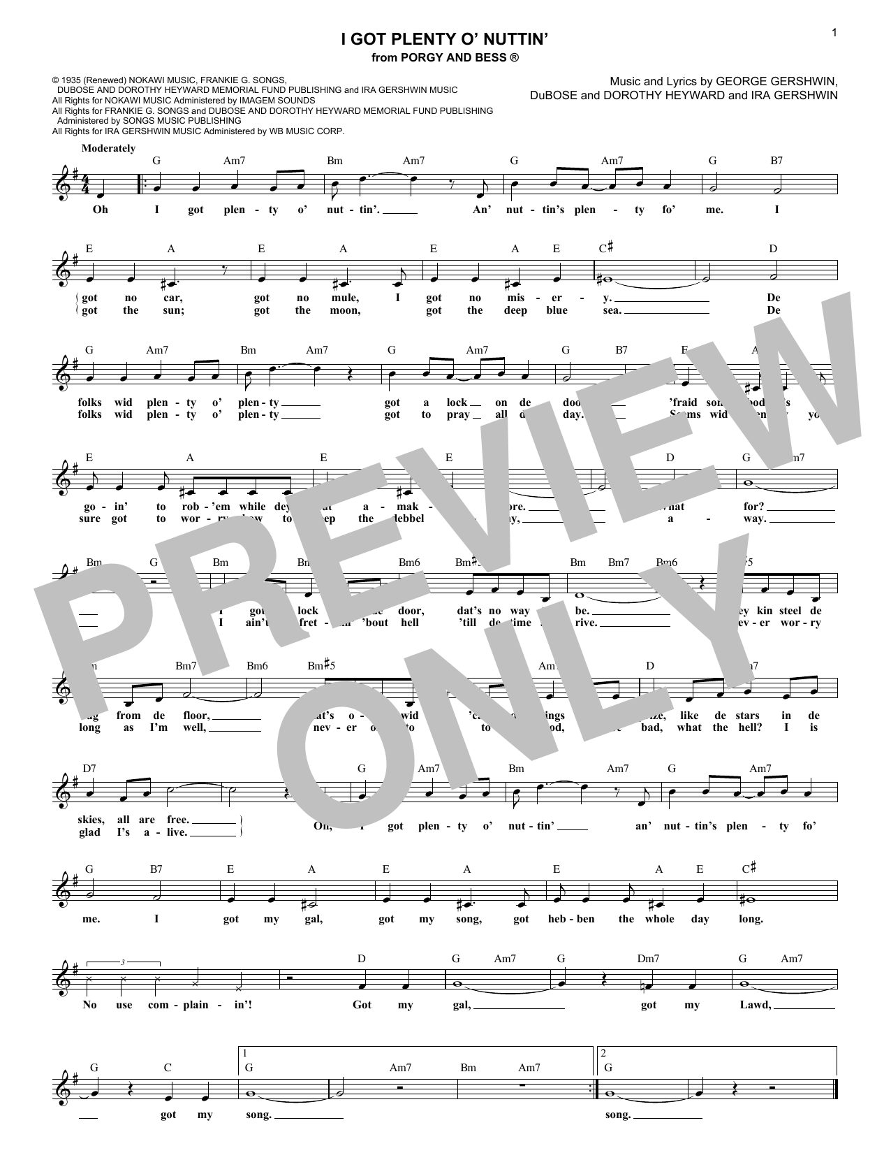 Dorothy Heyward I Got Plenty O' Nuttin' sheet music notes and chords arranged for Lead Sheet / Fake Book