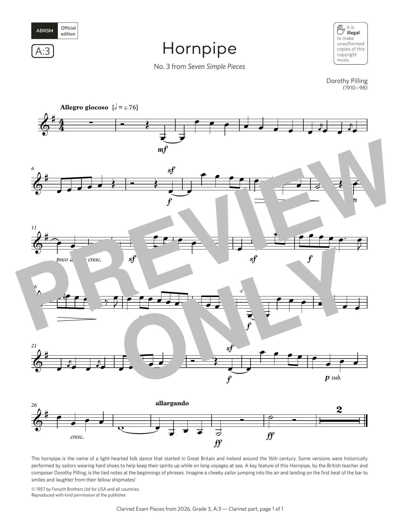 Dorothy Pilling Hornpipe (Grade 3, list A3, from the ABRSM Clarinet Syllabus from 2026) sheet music notes and chords arranged for Clarinet Solo