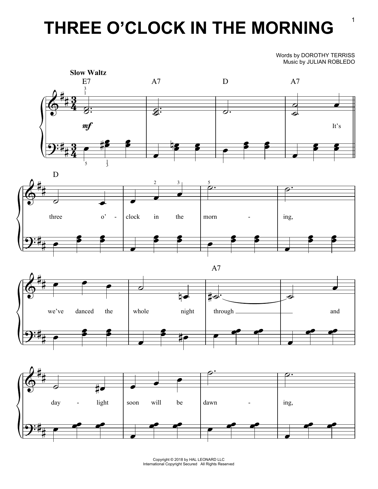 Dorothy Terriss Three O'Clock In The Morning sheet music notes and chords arranged for Real Book – Melody & Chords