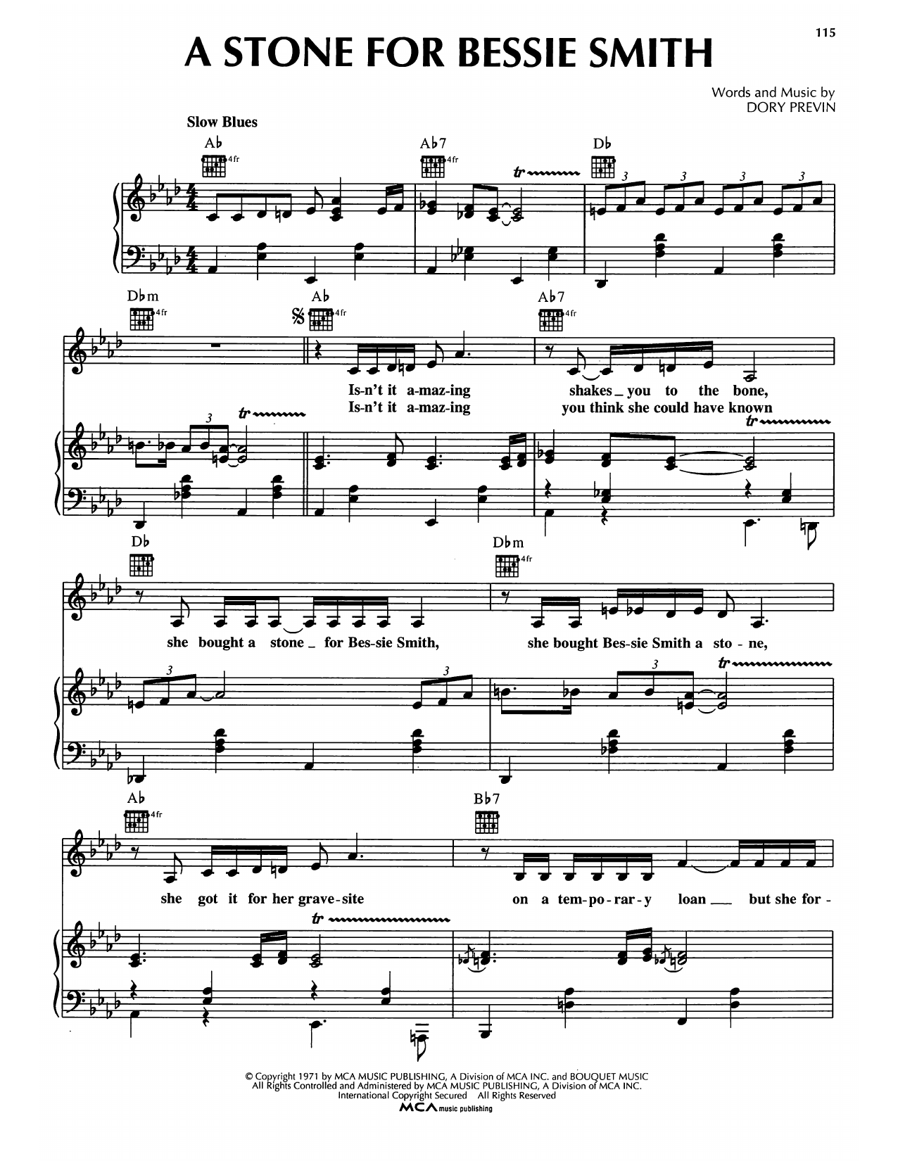 Dory Previn A Stone For Bessie Smith sheet music notes and chords arranged for Piano, Vocal & Guitar Chords (Right-Hand Melody)