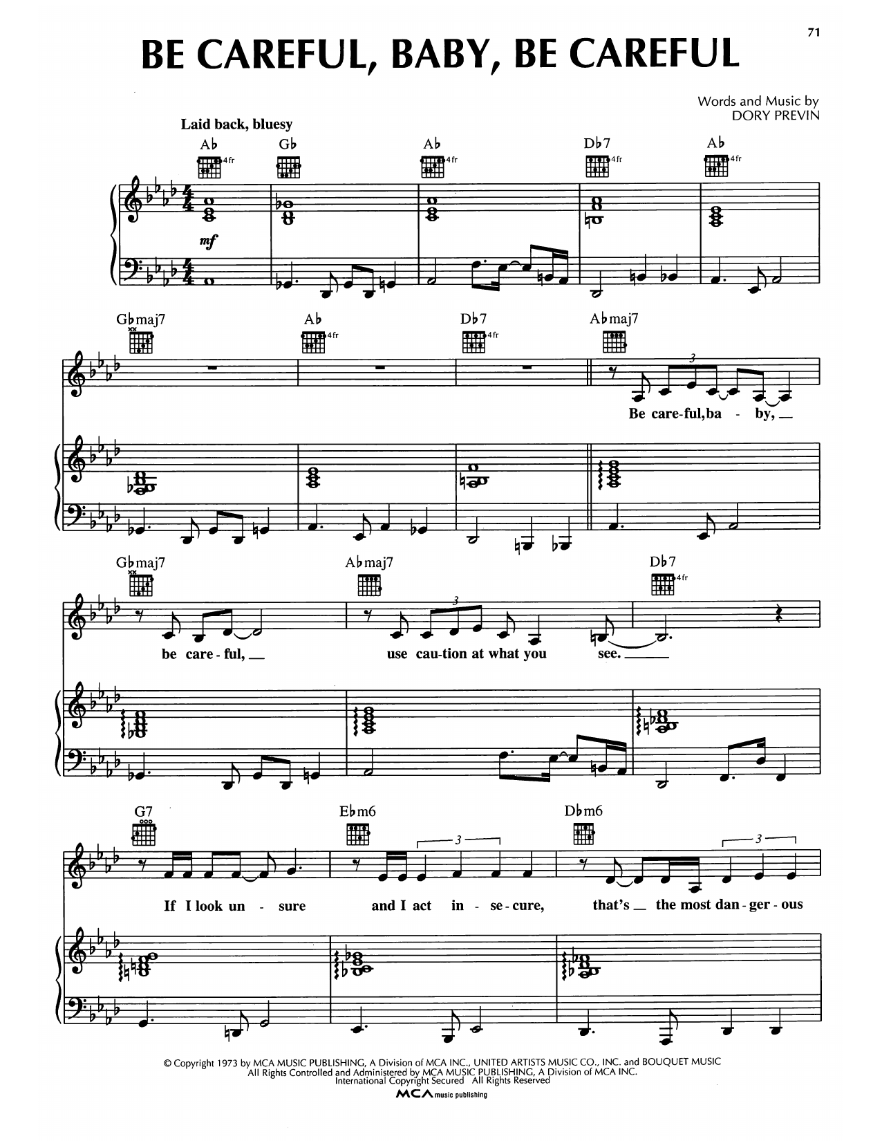 Dory Previn Be Careful, Baby, Be Careful sheet music notes and chords arranged for Piano, Vocal & Guitar Chords (Right-Hand Melody)