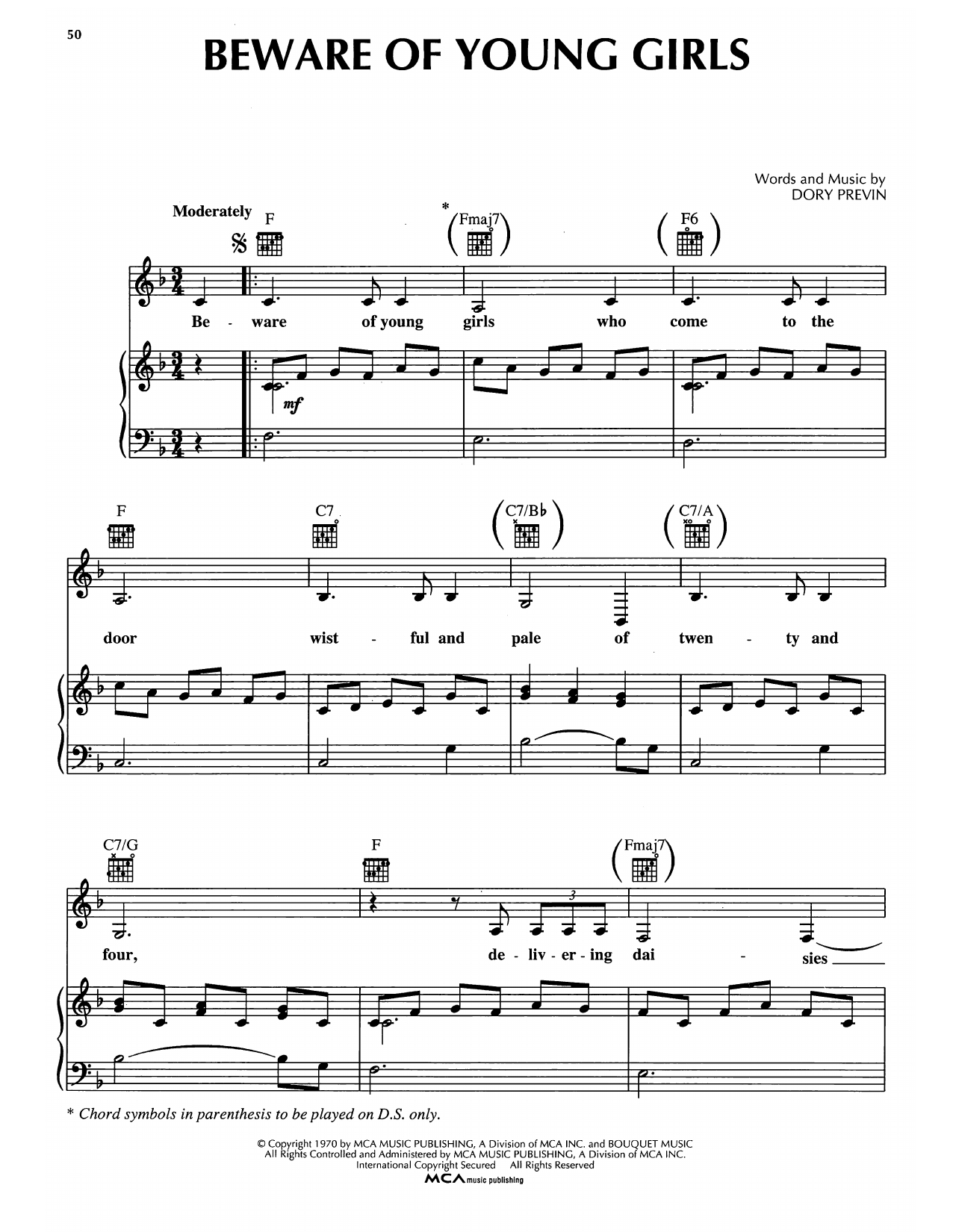 Dory Previn Beware Of Young Girls sheet music notes and chords arranged for Piano, Vocal & Guitar Chords (Right-Hand Melody)