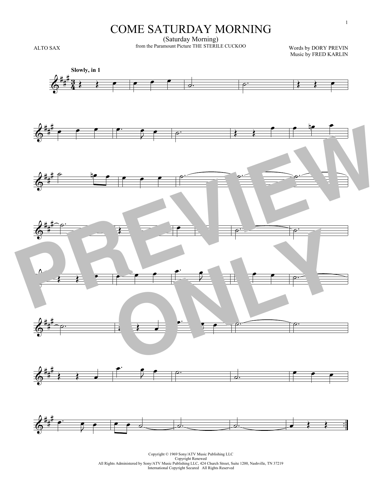 Dory Previn Come Saturday Morning (Saturday Morning) sheet music notes and chords arranged for Flute Solo