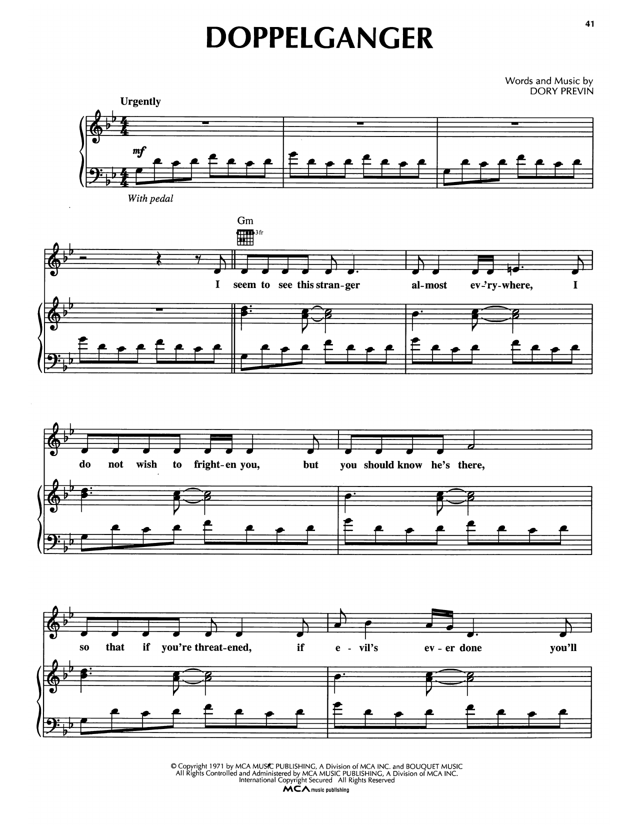 Dory Previn Doppelganger sheet music notes and chords arranged for Piano, Vocal & Guitar Chords (Right-Hand Melody)