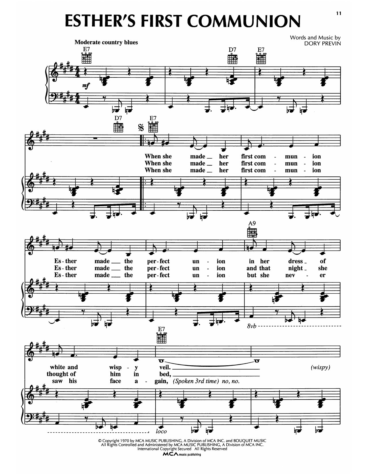 Dory Previn Esther's First Communion sheet music notes and chords arranged for Piano, Vocal & Guitar Chords (Right-Hand Melody)