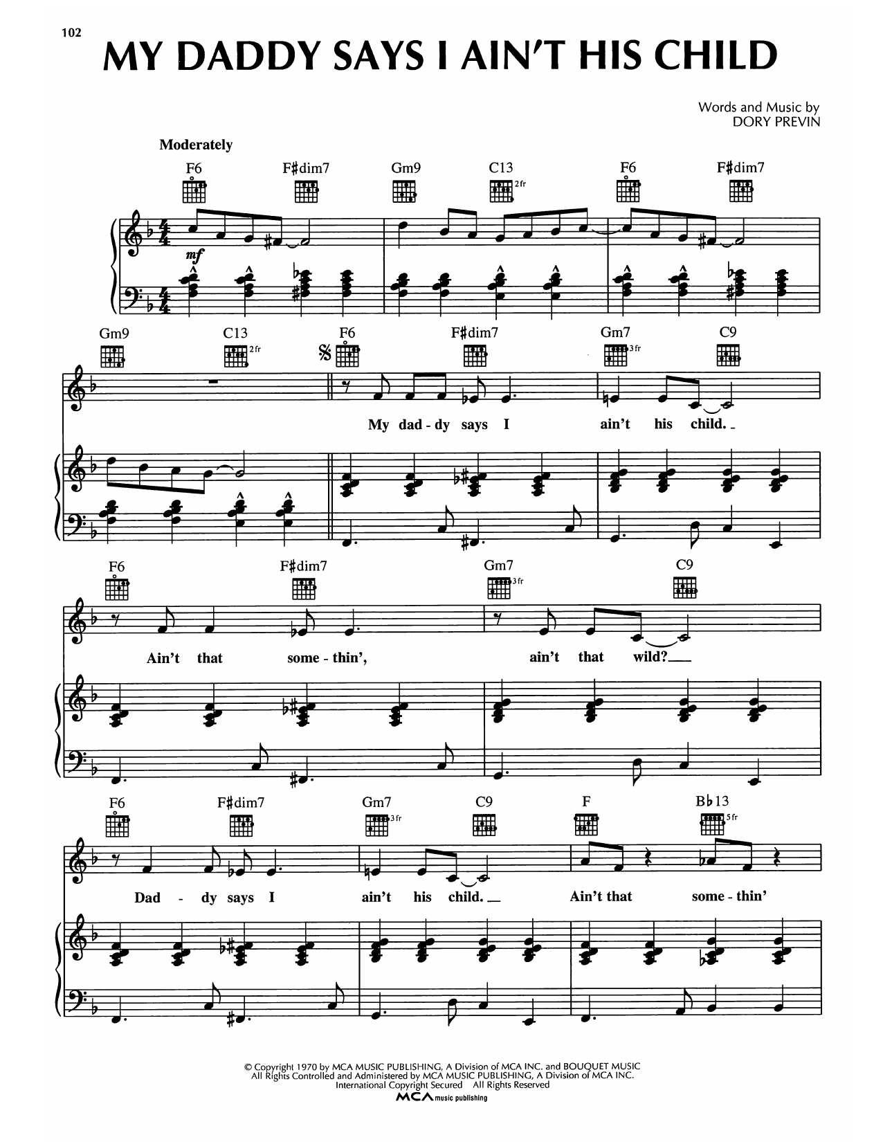 Dory Previn My Daddy Says I Ain't His Child sheet music notes and chords arranged for Piano, Vocal & Guitar Chords (Right-Hand Melody)