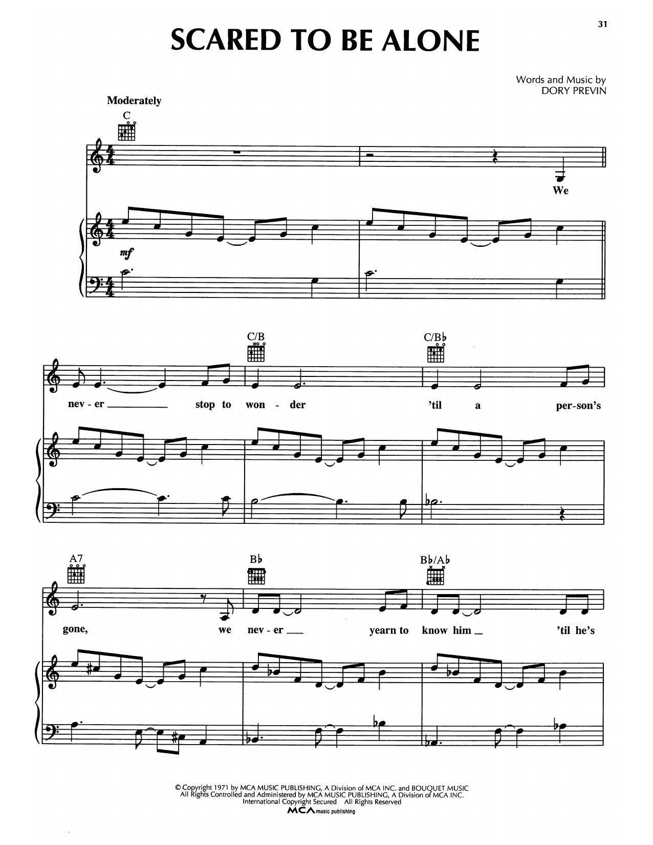 Dory Previn Scared To Be Alone sheet music notes and chords arranged for Piano, Vocal & Guitar Chords (Right-Hand Melody)
