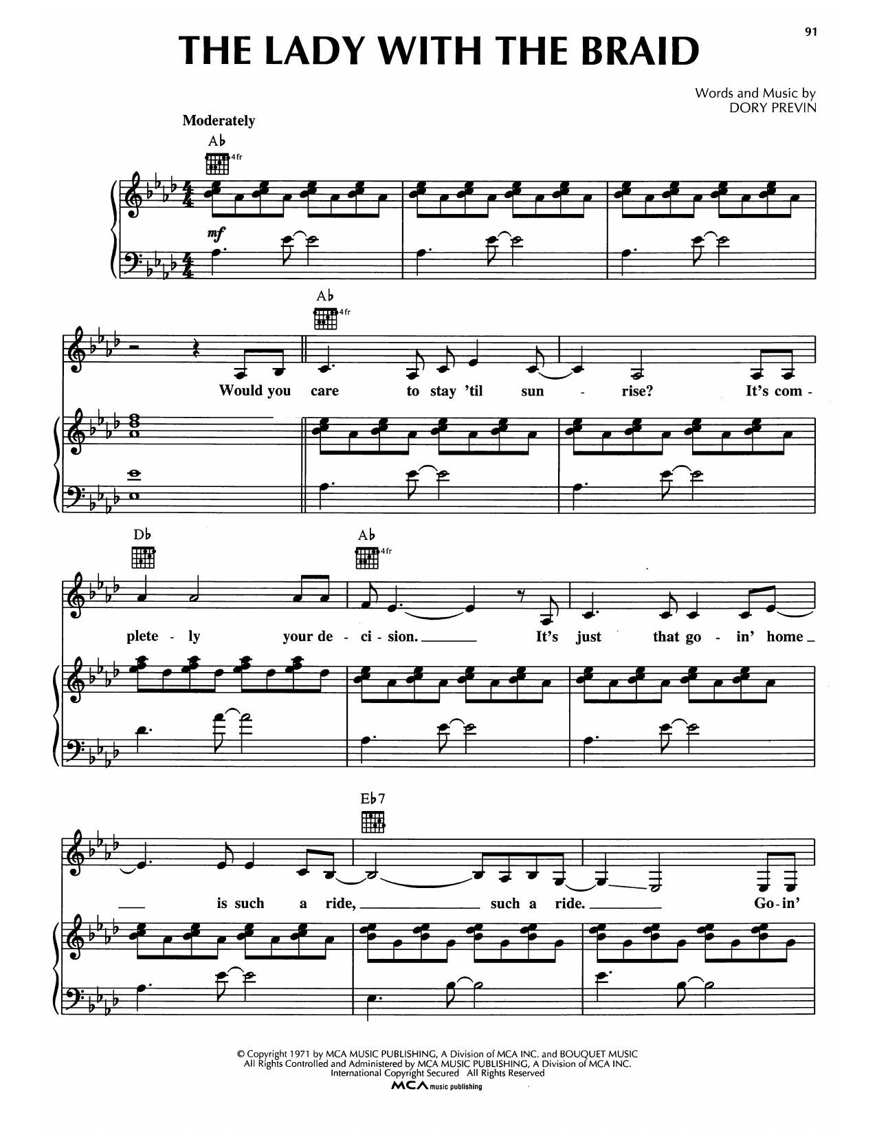 Dory Previn The Lady With The Braid sheet music notes and chords arranged for Piano, Vocal & Guitar Chords (Right-Hand Melody)