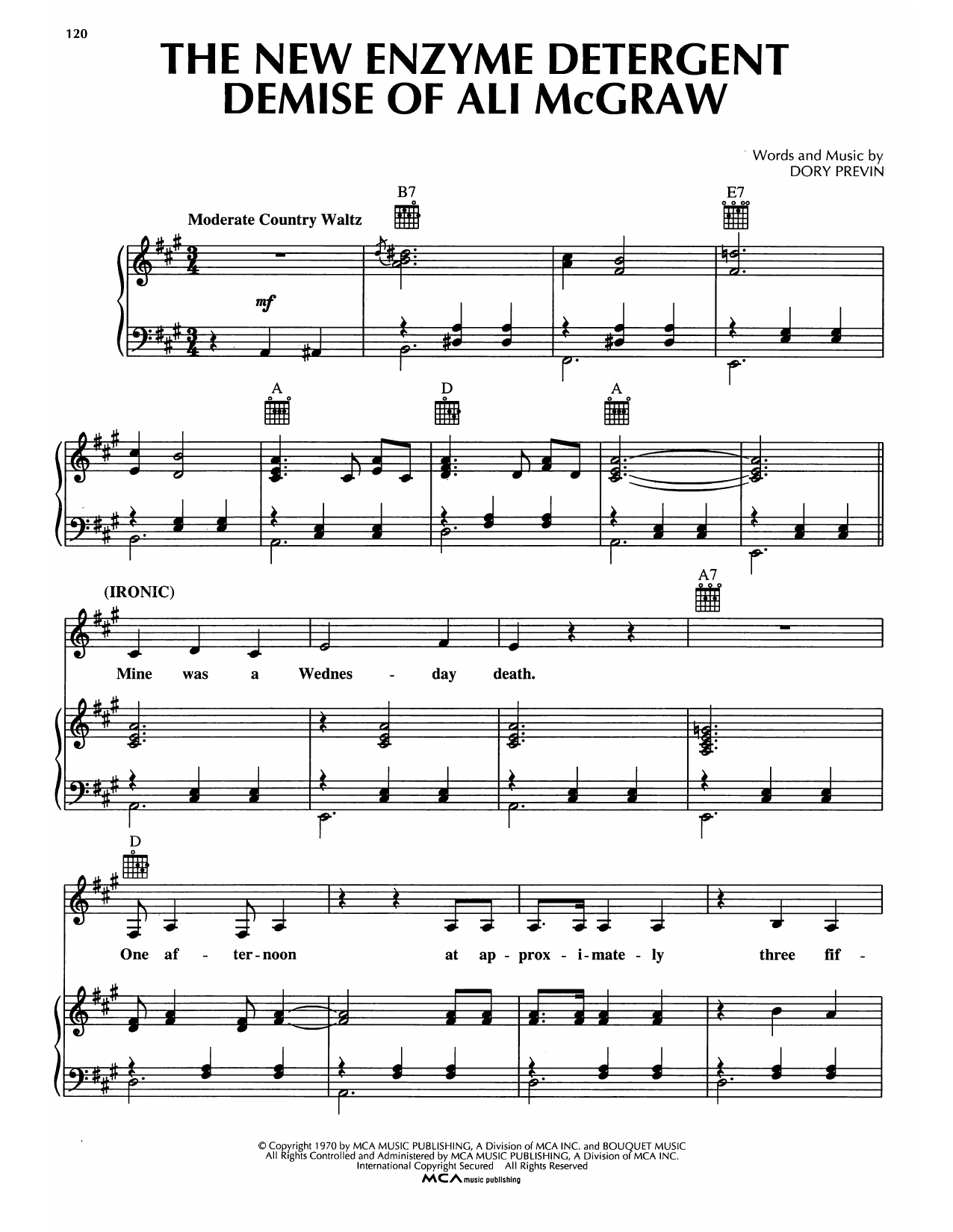 Dory Previn The New Enzyme Detergent Demise Of Ali McGraw sheet music notes and chords arranged for Piano, Vocal & Guitar Chords (Right-Hand Melody)