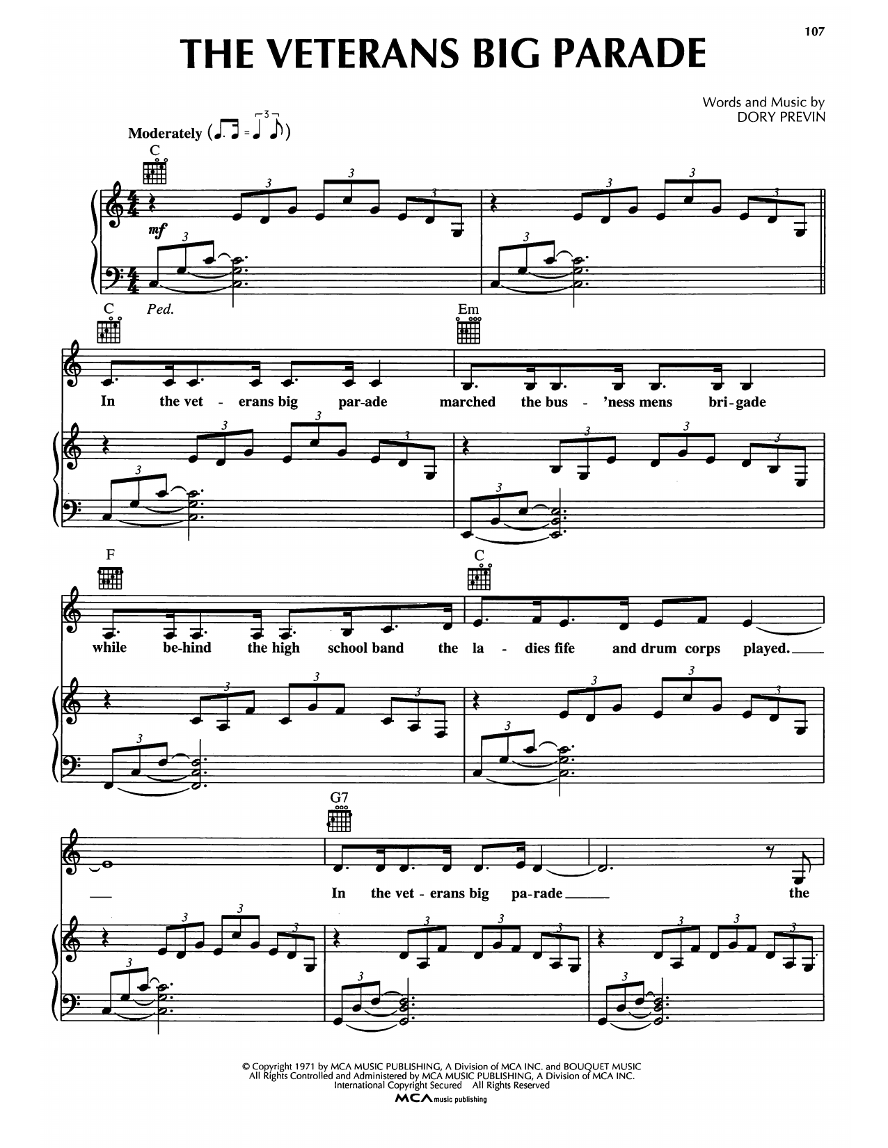 Dory Previn The Veterans Big Parade sheet music notes and chords arranged for Piano, Vocal & Guitar Chords (Right-Hand Melody)