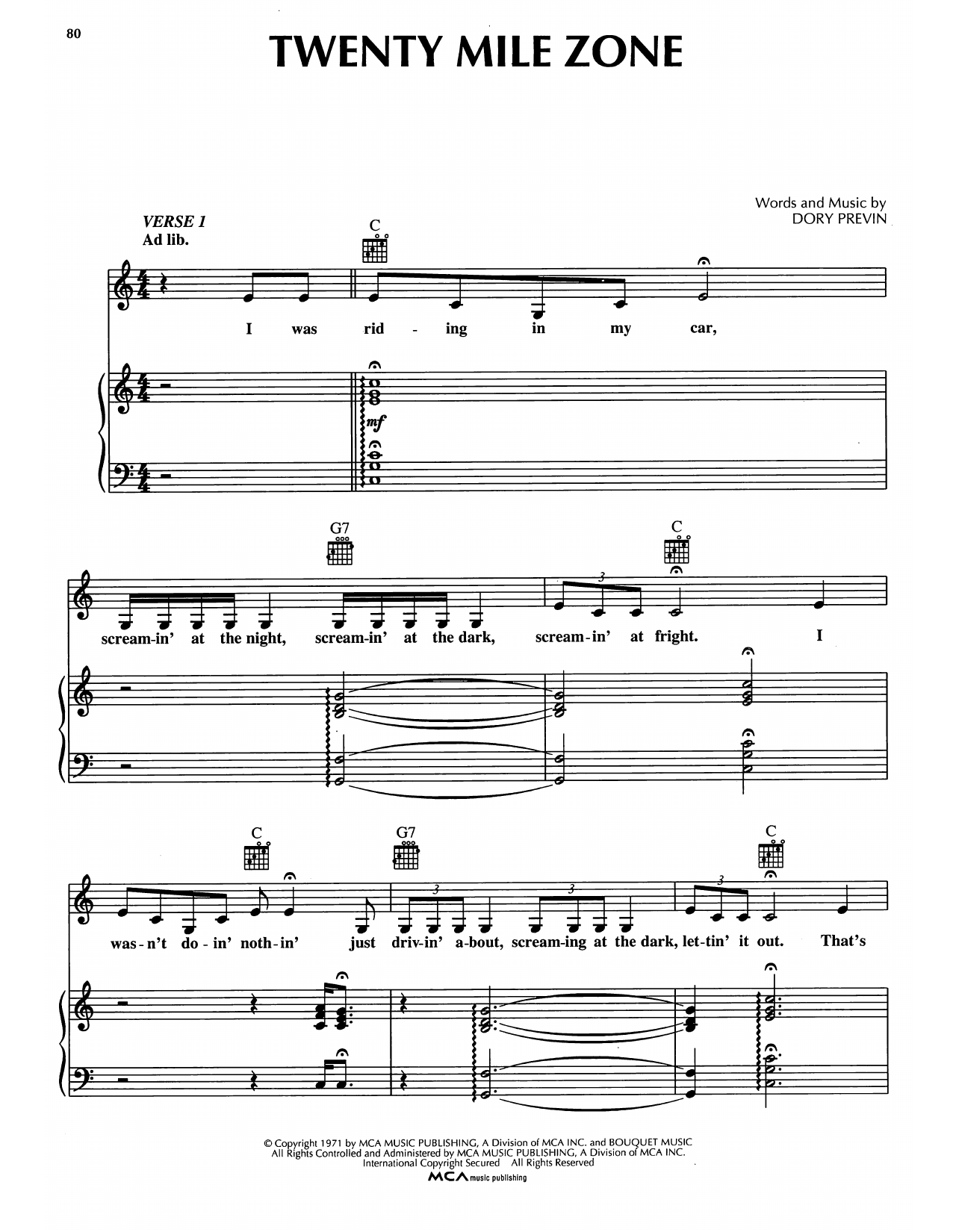 Dory Previn Twenty Mile Zone sheet music notes and chords arranged for Piano, Vocal & Guitar Chords (Right-Hand Melody)