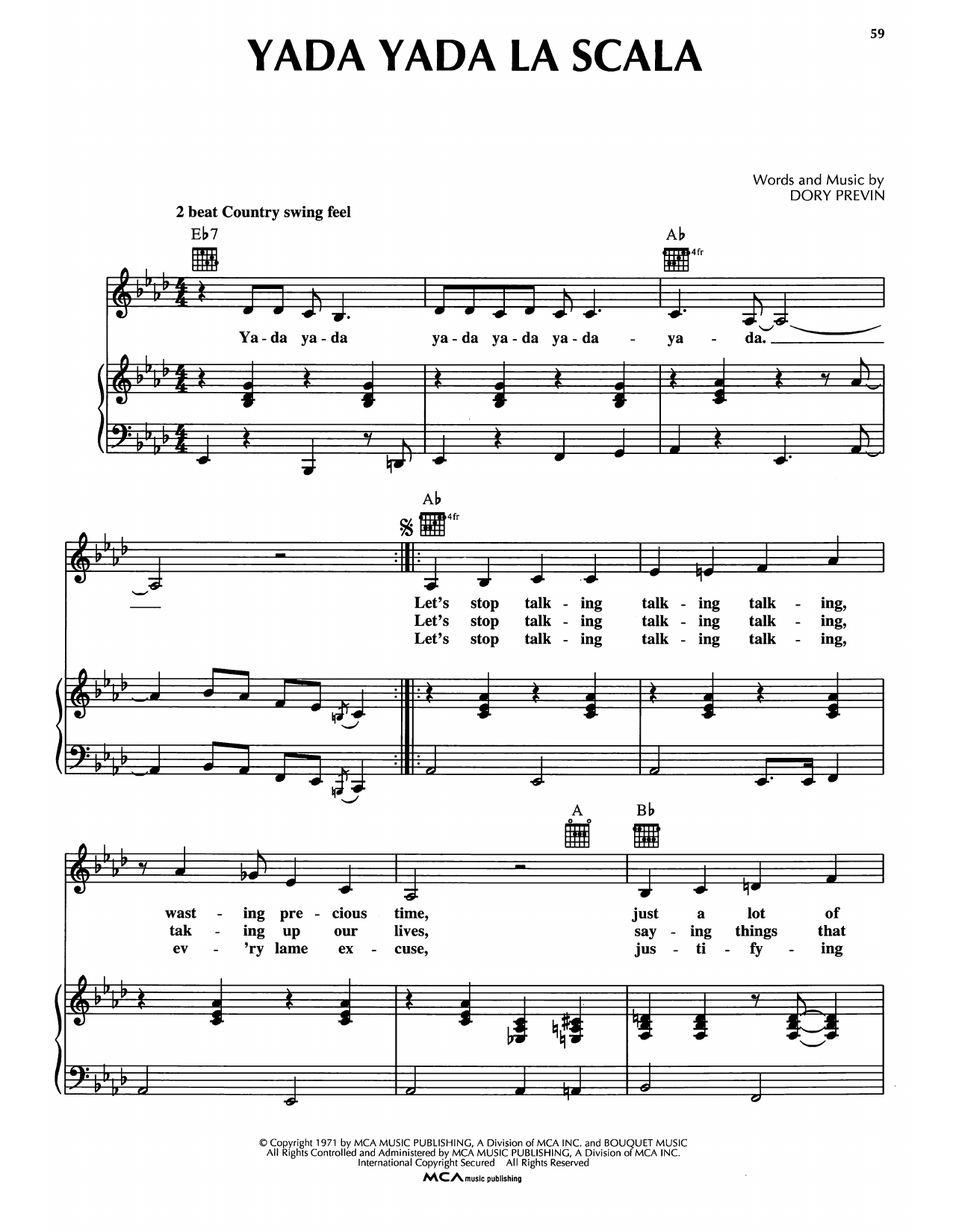 Dory Previn Yada Yada La Scala sheet music notes and chords arranged for Piano, Vocal & Guitar Chords (Right-Hand Melody)
