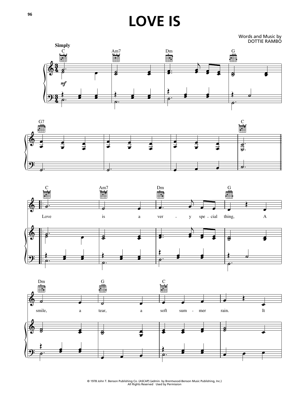 Dottie Rambo Love Is sheet music notes and chords arranged for Piano, Vocal & Guitar Chords (Right-Hand Melody)