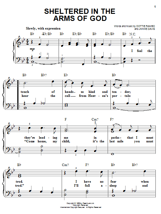 Dottie Rambo Sheltered In The Arms Of God sheet music notes and chords arranged for Easy Guitar