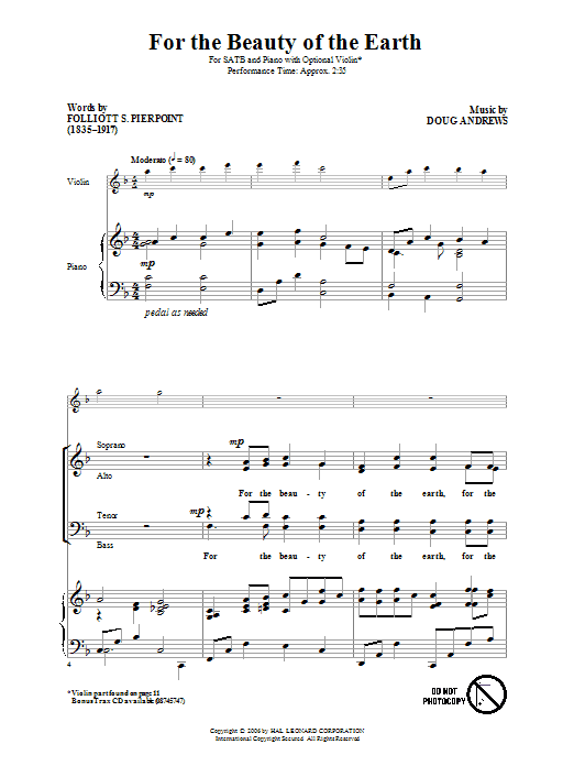 Doug Andrews For The Beauty Of The Earth sheet music notes and chords arranged for SATB Choir