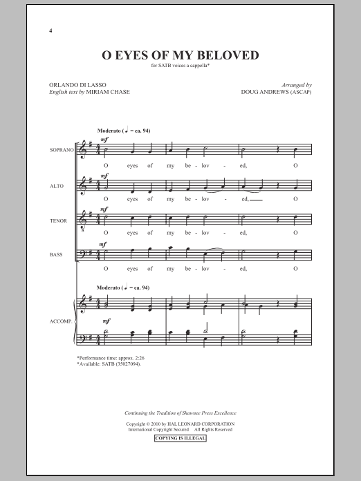 Doug Andrews O Eyes Of My Beloved sheet music notes and chords arranged for SATB Choir