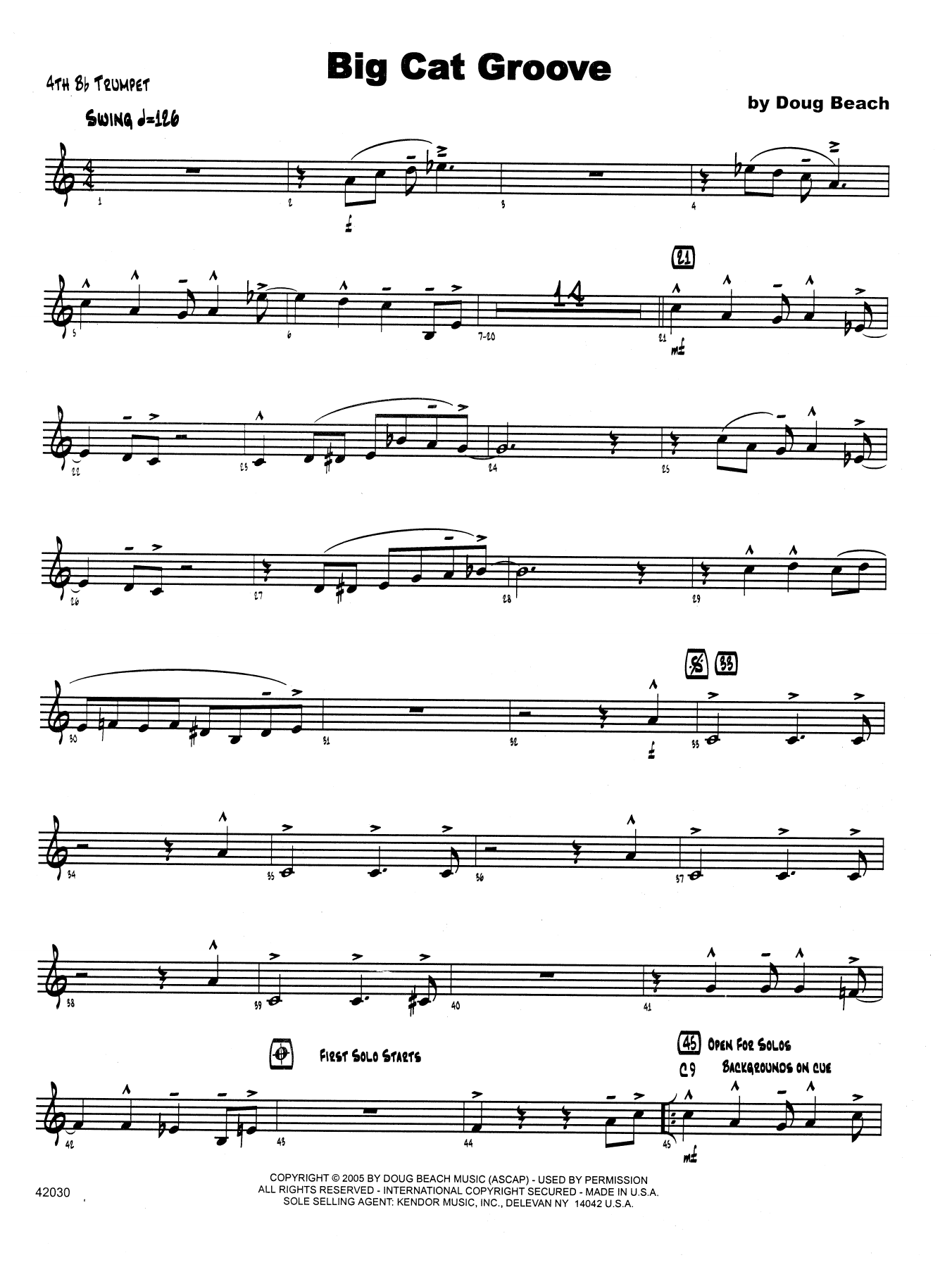 Doug Beach Big Cat Groove - 4th Bb Trumpet sheet music notes and chords arranged for Jazz Ensemble