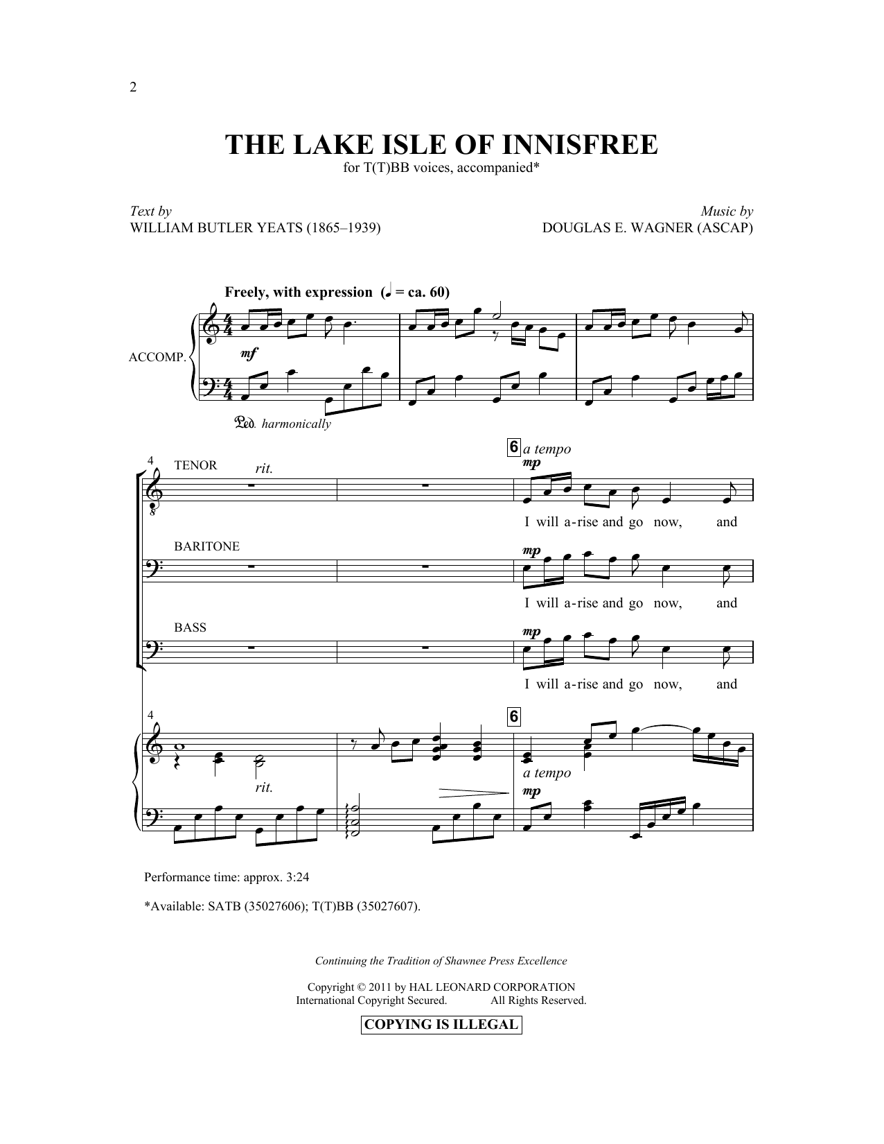 Douglas E. Wagner The Lake Isle Of Innisfree sheet music notes and chords arranged for TTBB Choir