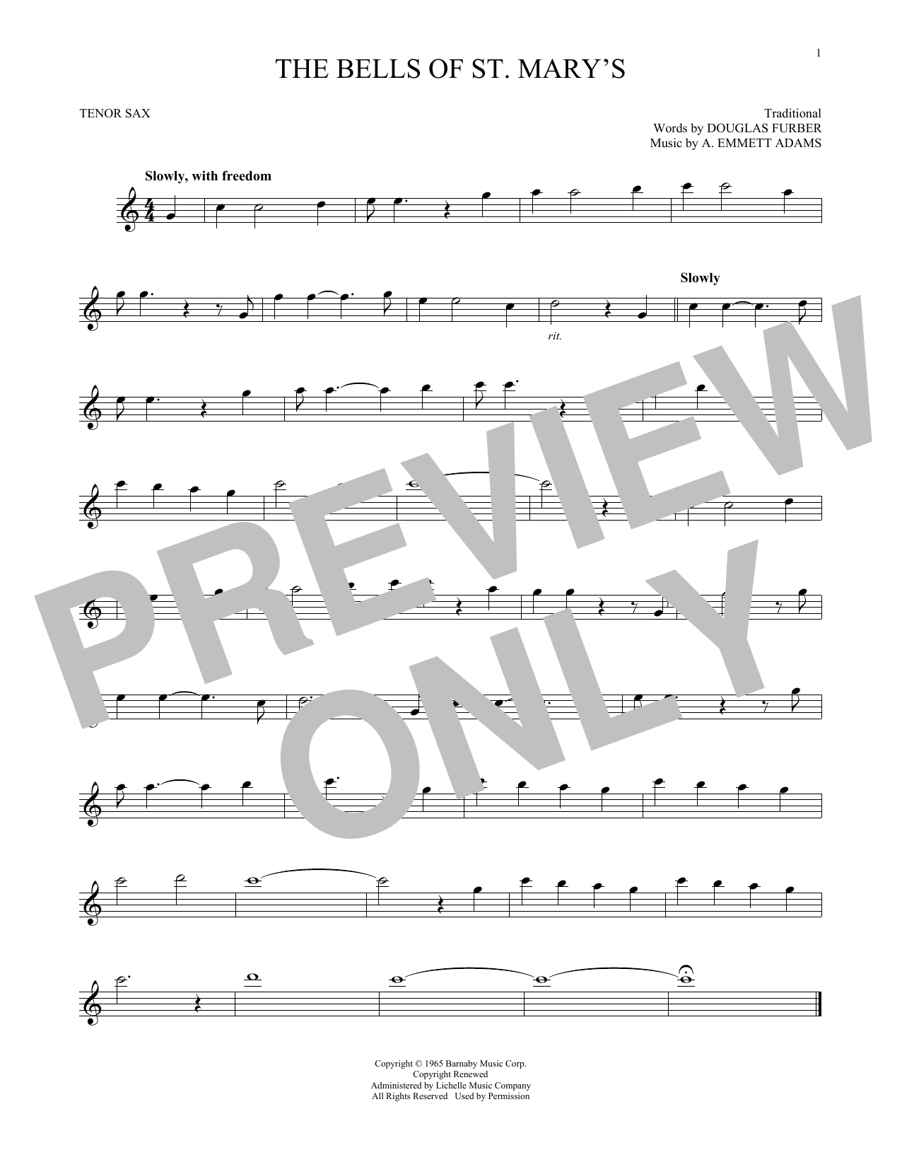 Douglas Furber The Bells Of St. Mary's sheet music notes and chords arranged for Alto Sax Solo