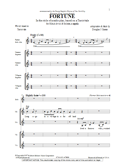 Douglas J. Cuomo Fortune sheet music notes and chords arranged for SSA Choir
