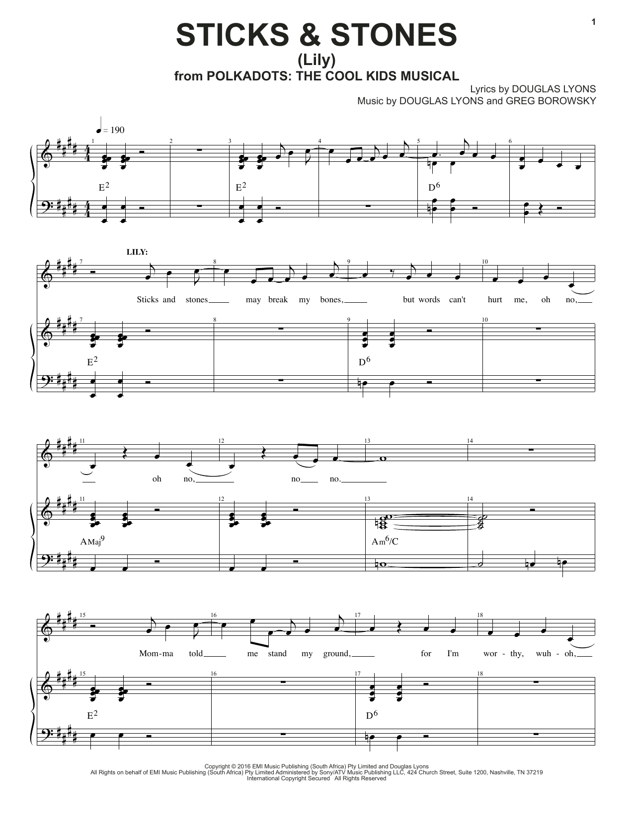 Douglas Lyons & Greg Borowsky Sticks & Stones sheet music notes and chords arranged for Piano & Vocal