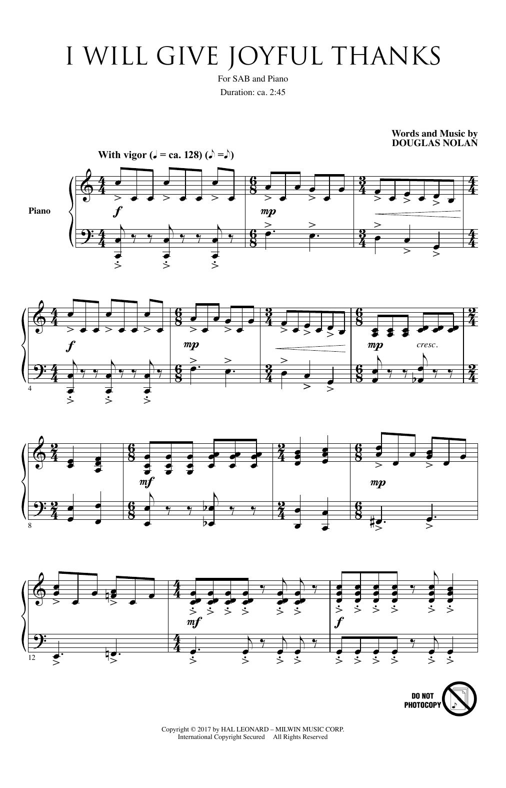 Douglas Nolan I Will Give Joyful Thanks sheet music notes and chords arranged for SAB Choir