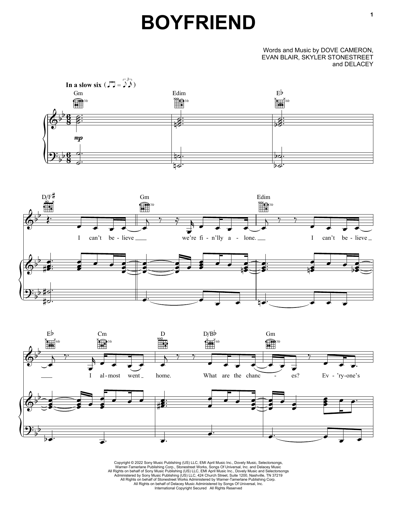 Dove Cameron Boyfriend sheet music notes and chords arranged for Piano, Vocal & Guitar Chords (Right-Hand Melody)