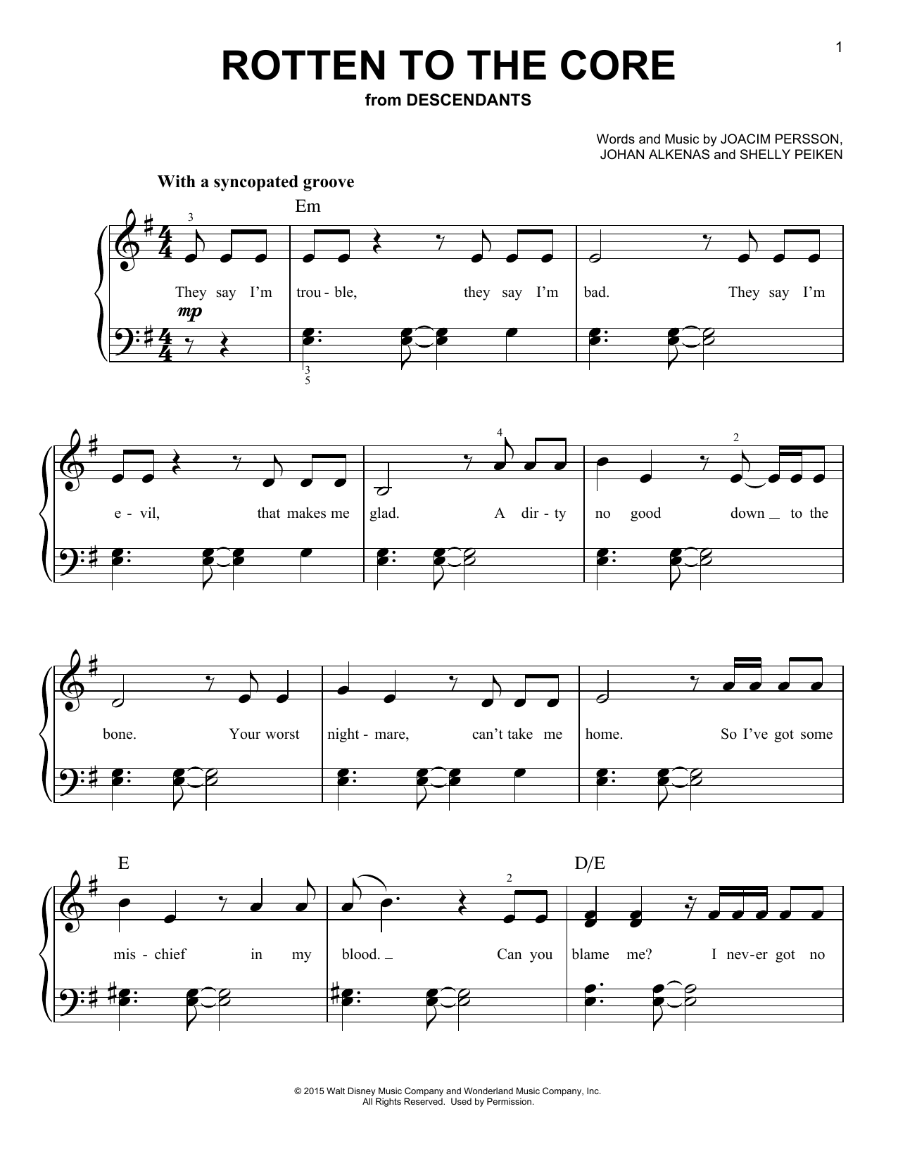 Dove Cameron, Cameron Boyce, Booboo Stewart & Sofia Carson Rotten To The Core (from Disney's Descendants) sheet music notes and chords arranged for Easy Piano