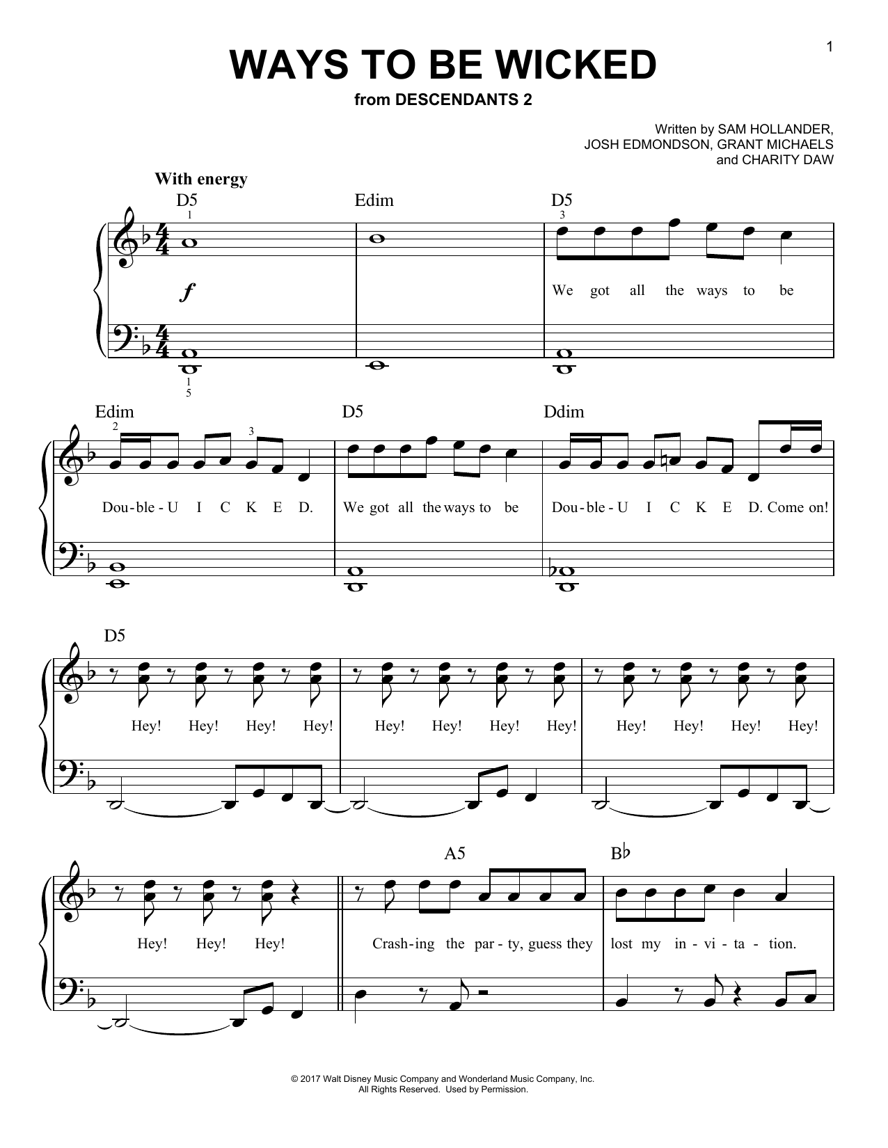 Dove Cameron, Cameron Boyce, Booboo Stewart & Sofia Carson Ways to Be Wicked (from Disney's Descendants 2) sheet music notes and chords arranged for Easy Piano