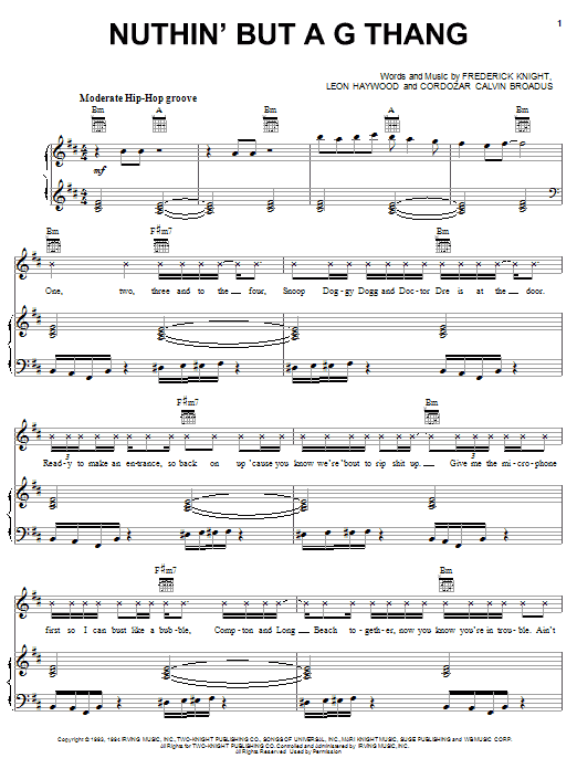 Dr. Dre & Snoop Doggy Dog Nuthin' But A G Thang sheet music notes and chords arranged for Piano, Vocal & Guitar Chords (Right-Hand Melody)